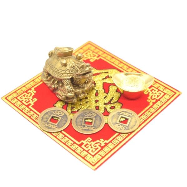 龍亀 ドラゴンタートル 銅製風水セット 古銭 元宝 敷物付き 銅製置物