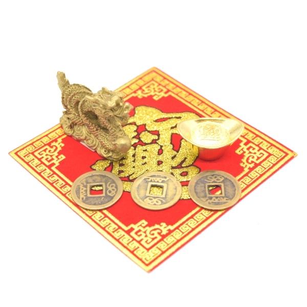 龍 銅製風水セット 古銭 元宝 敷物付き 銅製置物