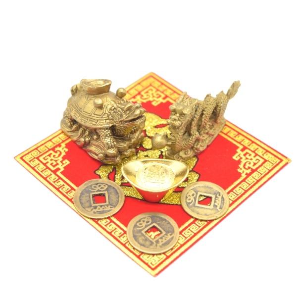 龍 龍亀 ドラゴンタートル 風水セット 古銭 元宝 敷物付き 銅製置物