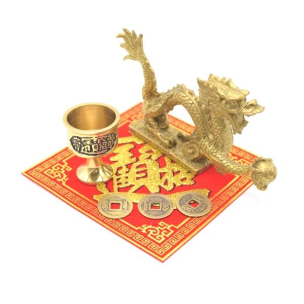 龍 銅製置物 銅杯 古銭付き 風水セット 中