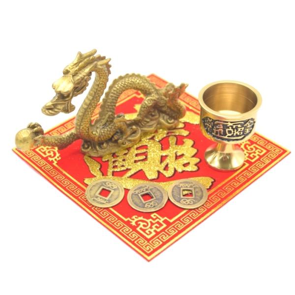 龍 曲線タイプ 銅製置物 銅杯 古銭付き 風水セット