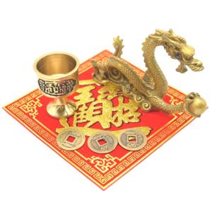 龍 曲線タイプ 銅製置物 銅杯 古銭付き 風水セットの詳細画像1