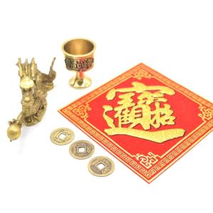 龍 曲線タイプ 銅製置物 銅杯 古銭付き 風水セットの詳細画像3