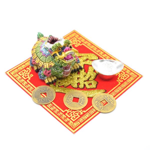 龍亀 ドラゴンタートル 元宝 古銭 福飾り 樹脂製置物 風水セット