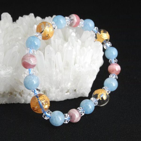 四神水晶 クォーツ アクアマリン インカローズ パワーストーンブレスレット