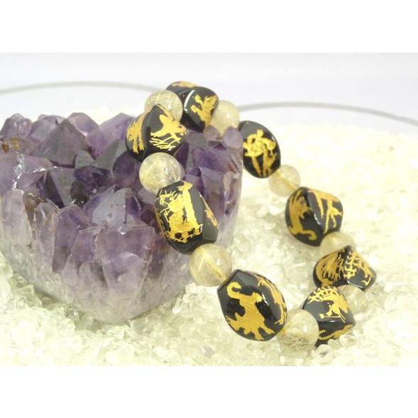 金彫り四神オニキス ルチルクォーツ 金運 厄よけ ブレスレット 正たる型