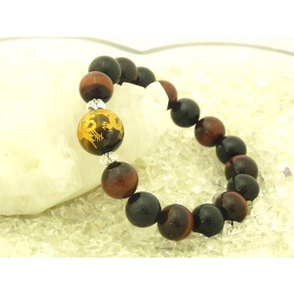 金彫り四神タイガーアイ ブルー レッドタイガーアイ ブレスレット 虎目石 16mm