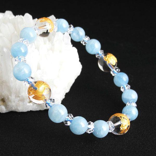 四神金彫り水晶 クォーツ アクアマリン パワーストーンブレスレット 10mm