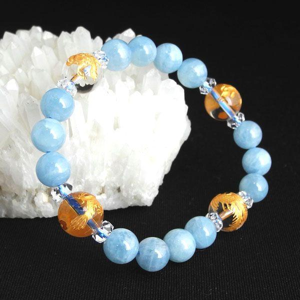 四神金彫り水晶 クォーツ アクアマリン パワーストーンブレスレット 10mm