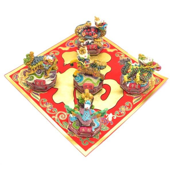 青龍 白虎 朱雀 玄武 麒麟 五神セット 四神相応 カラフル 樹脂製置物 9cm