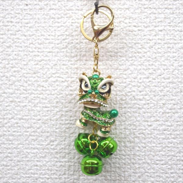 【メール便OK】 獅子 獅子舞 緑 グリーン 鈴付き 七宝焼き キーホルダー 金属製 14cm