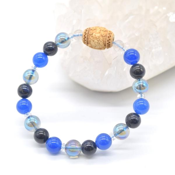 天神様 木製彫り物パーツ 学問向上 ブレスレット ラピスラズリ 青瑪瑙 アクアオーラ ルチルクォーツ...