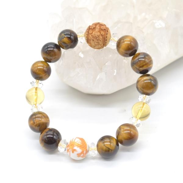 天神様 木製彫り物パーツ 学問向上 龍彫り白オニキス ブレスレット タイガーアイ カット加工シトリン...