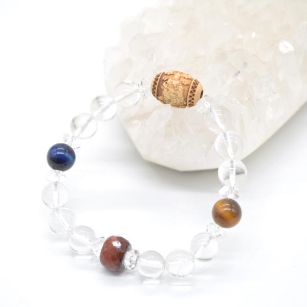 天神様 木製彫り物パーツ 学問向上 水晶 ブレスレット 三色タイガーアイ 天然石アクセサリー