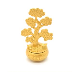 招財樹の置物 土台が回せる 金属製 13cm 縦型 聚宝盆 回転ギミック付き 艶消し仕様 金色塗装 古銭の葉