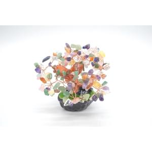 天然石ミックス招財樹 天然石置物 丸型台座 6種類のパワーストーン 総合運 15cm