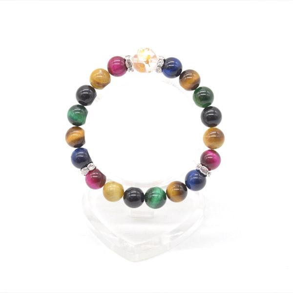 八頭馬彫り水晶パーツ付き ブレスレット オニキス 五色タイガーアイ 天然石アクセサリー