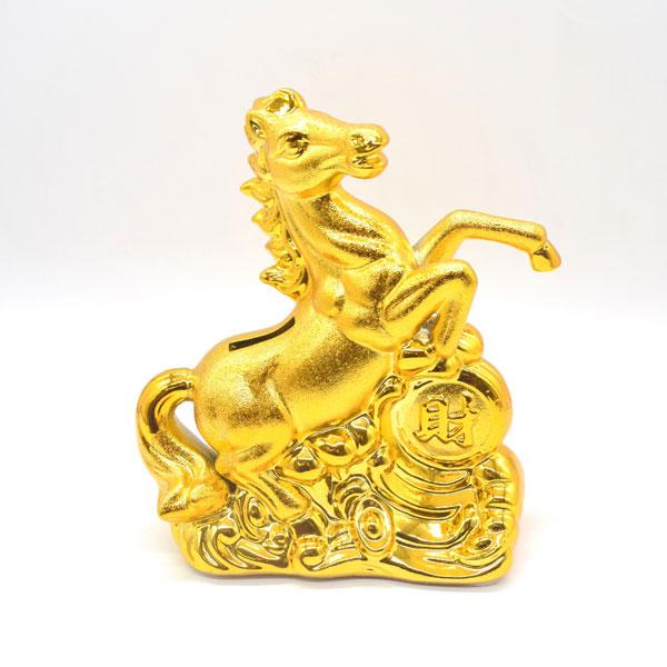 午 馬 貯金箱 置物 24cm 陶器製 金色 中 干支 十二支 うまくいく