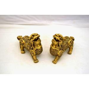 完売 睚眦 ヤアズ ペア 横浜中華街龍 : 大 銅製置物 邪気払い 魔除け 置物