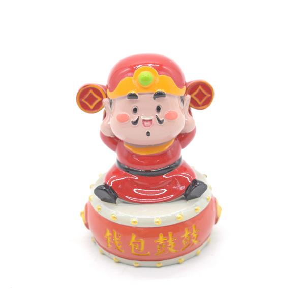 太鼓に乗った財神 置物 樹脂製 6cm フルカラー彩色