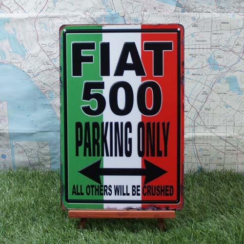 【ブリキ看板】Fiat500／フィアット500　Parking Only