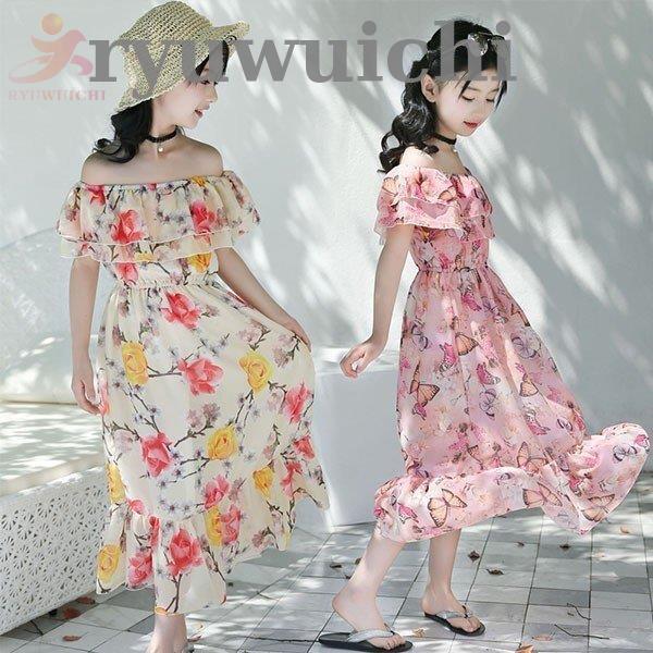 子供服 ワンピース 半袖 春夏 女の子 キッズワンピース シフォンワンピース 花柄 肩出し チュニッ...