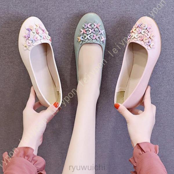 パンプス フラットシューズ モカシン 痛くない ペタンコ ぺたんこ ラウンドトゥ 花柄デザイン レデ...
