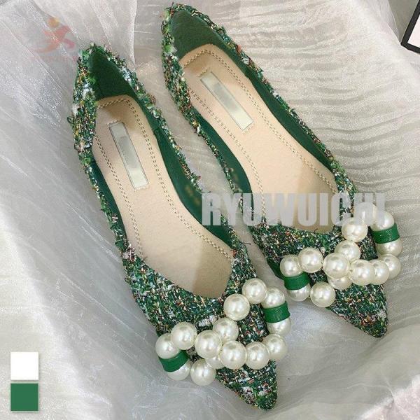 フラットシューズ バレエシューズ ぺたんこシューズ レディース ポインテッドトゥ パール ツイード調...