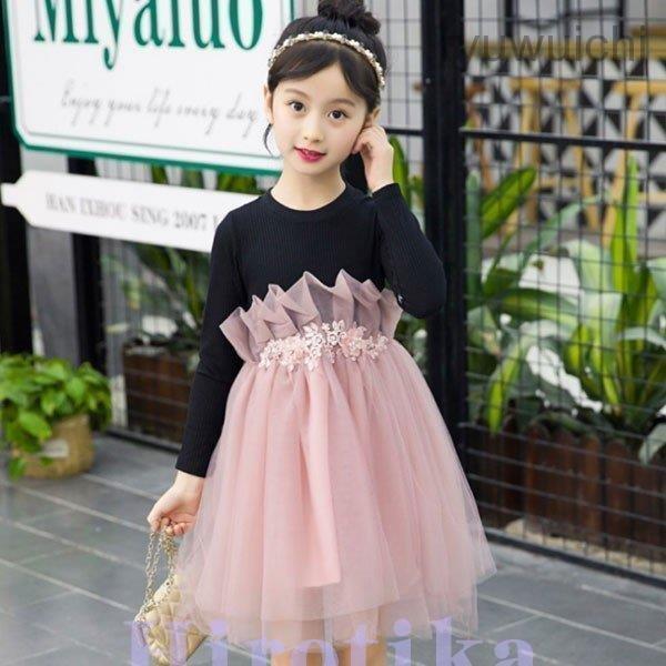 韓国子供服  ワンピース ワンピースドレス 子どもドレス キッズ 女の子 春 秋 衣装 ピンク グレ...