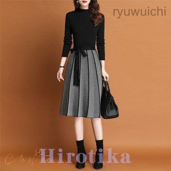 ニットワンピース レディース 膝丈 長袖 秋 冬 ワンピース きれいめ 着痩せ 通勤 OL 結婚式 ...