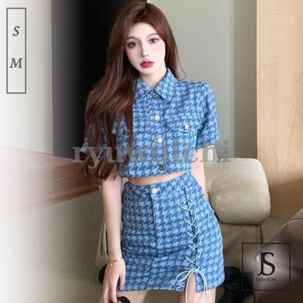 セットアップ デニムジャケットとミニスカート上下セット 千鳥チェック柄 ショート丈 クロップド丈 キ...