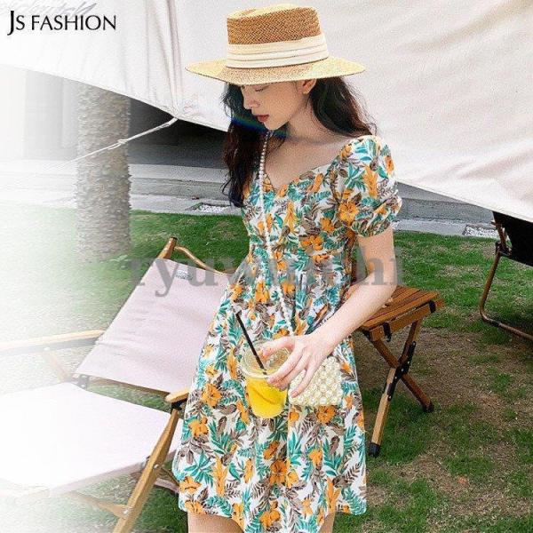 花柄ワンピース 全2色 半袖 Aライン Vネック コットンワンピース リゾートワンピース サマーワン...