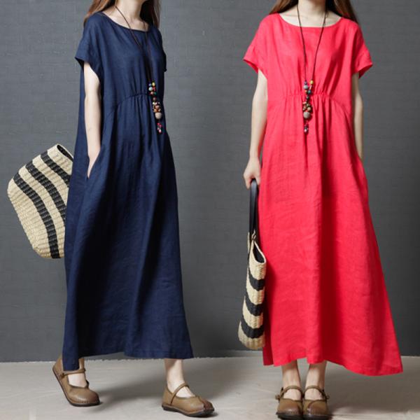 ワンピース コットンリネン ロングワンピース 綿麻混 ロング丈ワンピース 体型カバー 大きいサイズ ...