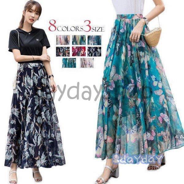 夏ワンピース シフォンスカート マキシスカート 花柄 ウエストゴム ハイウエスト ロングスカート シ...