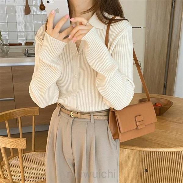 カーディガン リブニット レディース トップス ニット 襟付き ボタン 秋 春 vネック 襟付き リ...