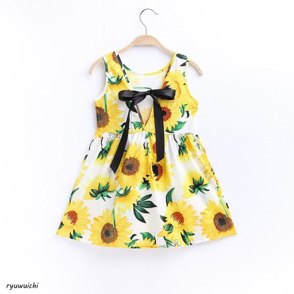 ワンピース ドレス 子供服 キッズ 女の子 ノースリーブ ラウンドネック ひまわり フラワープリント...