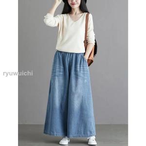 デニムパンツ ワイドパンツ ガウチョパンツ レ...の詳細画像1