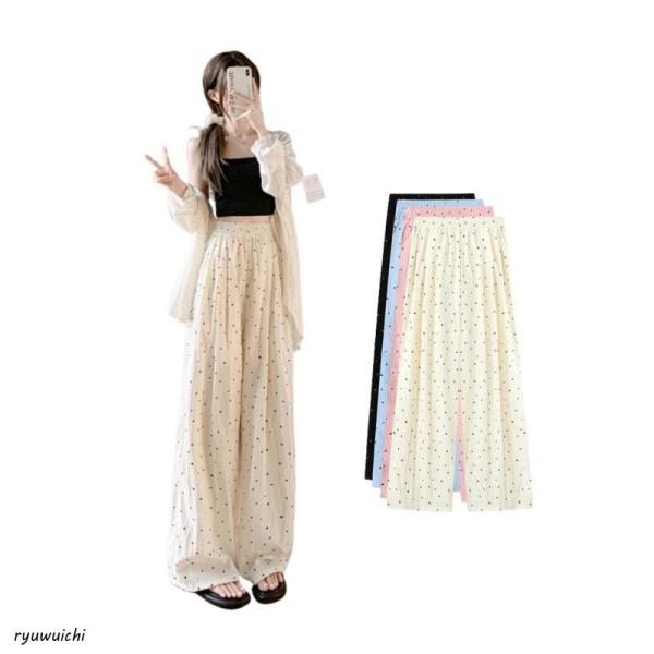 レディース ドット柄 ワイドパンツ ハイウエスト ゆったり ガウチョパンツ 楽ちん 涼しい 薄手 春...