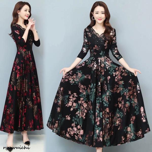 ワンピース 花柄 長袖 ウエスト切替 ファスナー ロングワンピース セレブコーデ 母親 卒園式 学校...