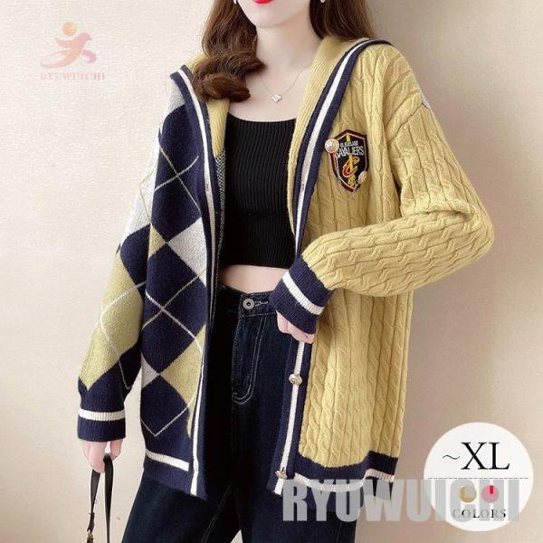 カーディガン トップス 長袖 セーラー襟 ニット アーガイル柄 ワッペン アシンメトリー 大人カジュ...
