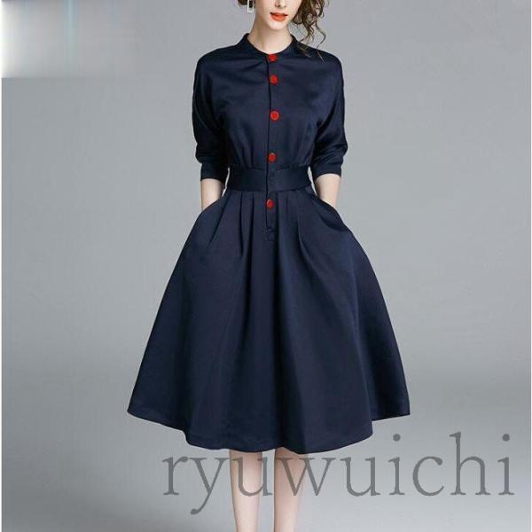 ワンピース レディース 40代 きれいめ フォーマルワンピース 結婚式 ドレス ネイビー Aラインワ...
