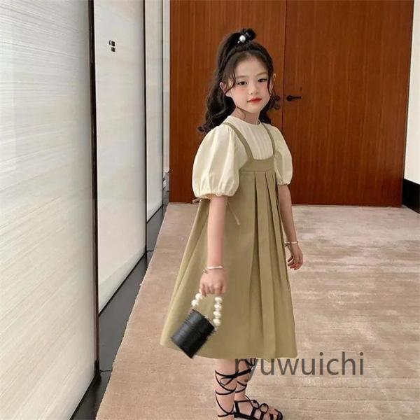ワンピース キッズ 半袖 2セット ブラウン 子供服 春夏 女の子 ロングワンピース チュニック 子...
