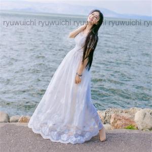 レースワンピース森ガール半分袖花柄ドレス白ワン...の詳細画像1