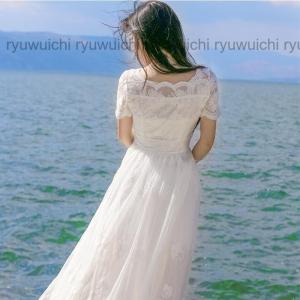 レースワンピース森ガール半分袖花柄ドレス白ワン...の詳細画像3