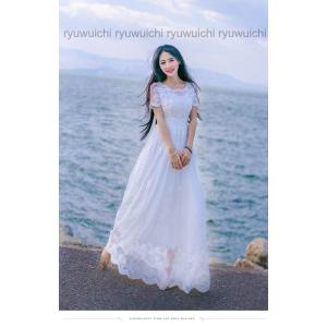 レースワンピース森ガール半分袖花柄ドレス白ワン...の詳細画像5