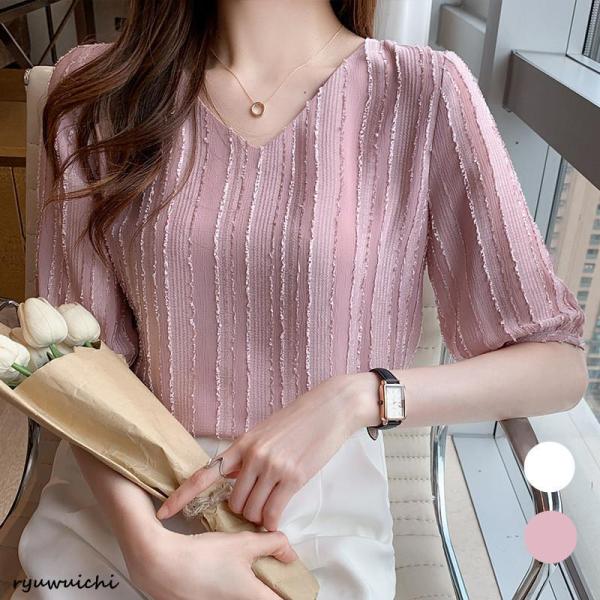 ブラウス レディース カジュアルシャツ 夏 春 5分袖 vネック 白 30代 40代 50代 上品 ...