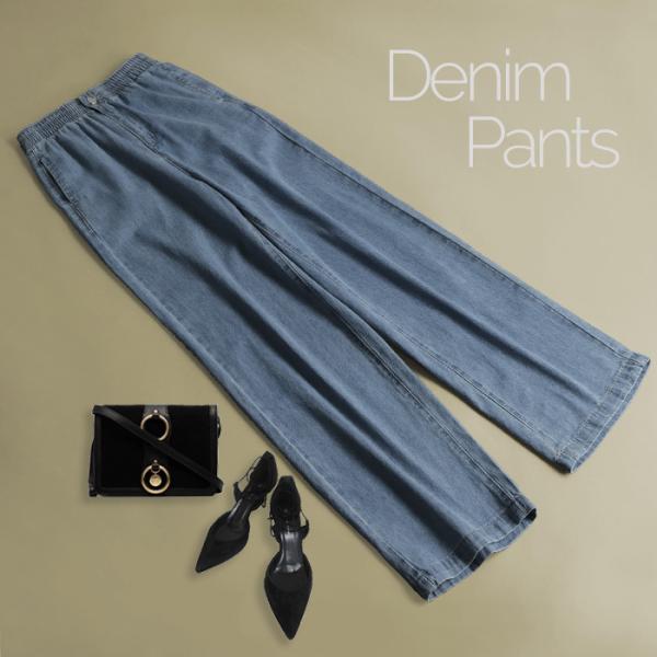 ボトム ボトムス レディース デニム ジーンズ ストレート ウエストゴム ワイド パンツ 無地 大き...