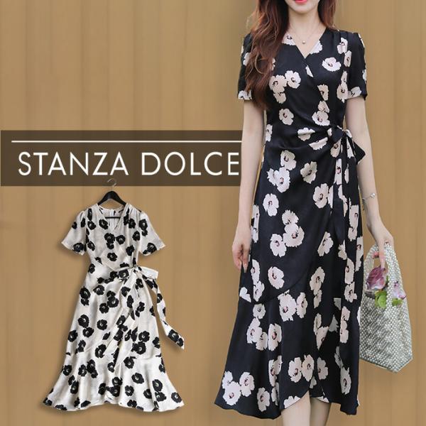 ワンピース  レディース カシュクール リボン 花柄 総柄 半袖 フレア 大人可愛い ミモレ 20代...