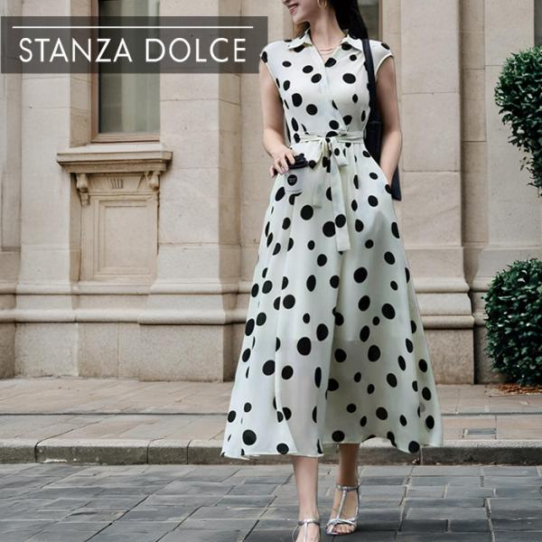 ワンピース レディース 水玉ドット モノトーン 総柄 フレンチスリーブ 半袖 ミモレ ロング Aライ...