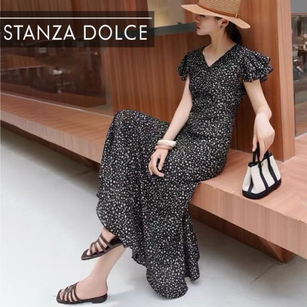 ワンピース 半袖 レディース 花柄 フラワー 二重 フリル袖 アシンメトリー ティアード 総柄 ロン...